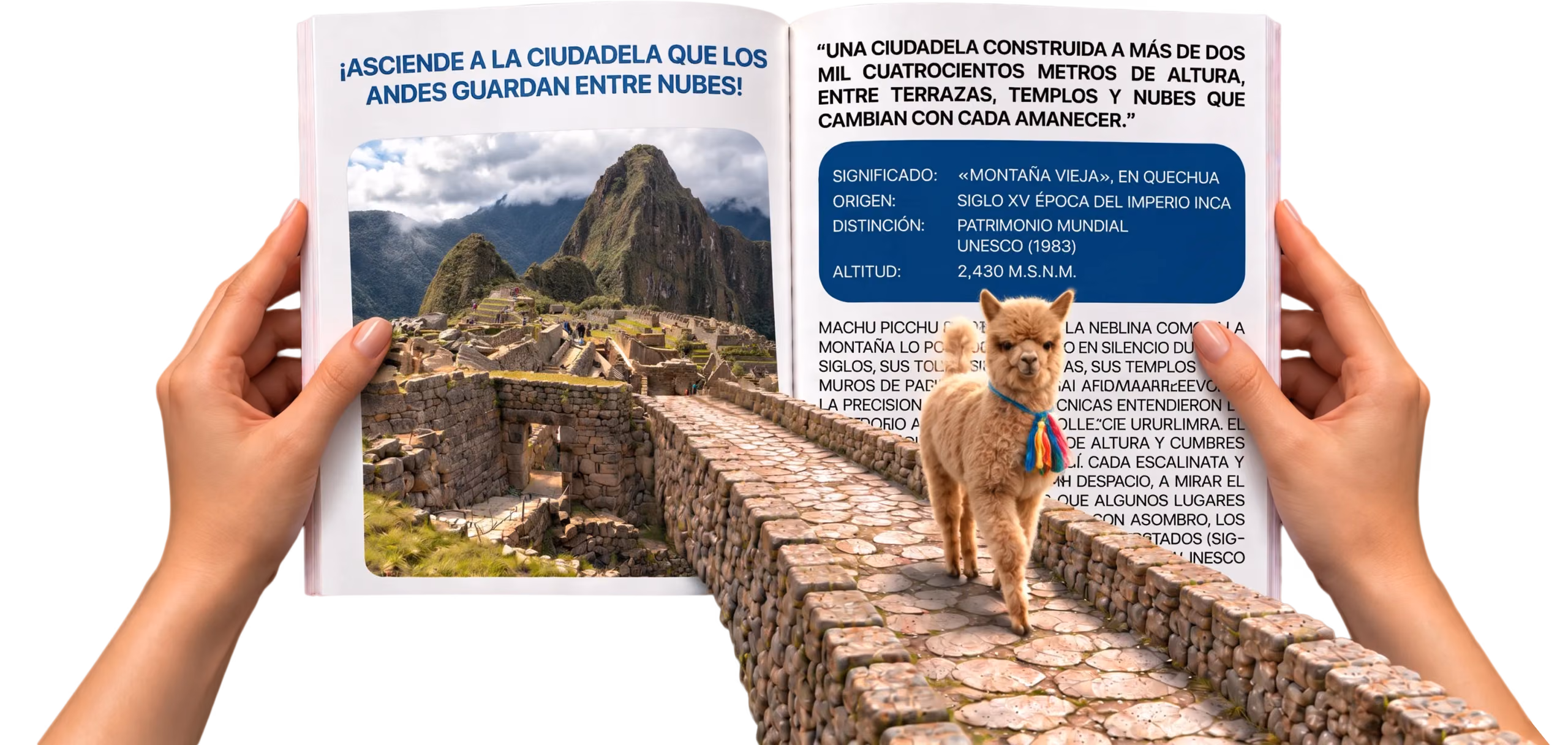 Composición editorial de Machu Picchu, con una persona sosteniendo una revista de la que emerge la ciudadela inca.