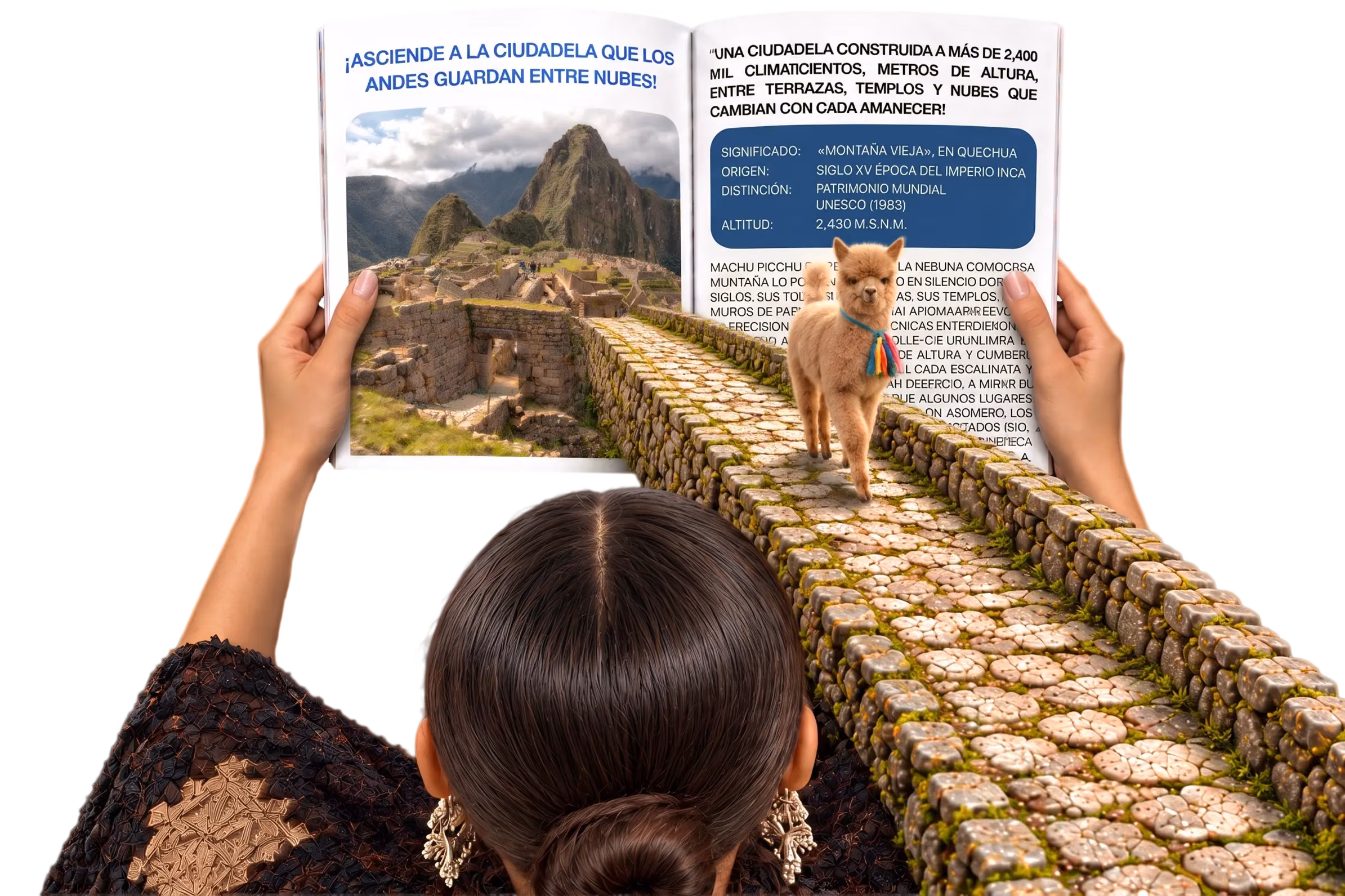 Composición editorial de Machu Picchu, con una persona sosteniendo una revista de la que emerge la ciudadela inca.
