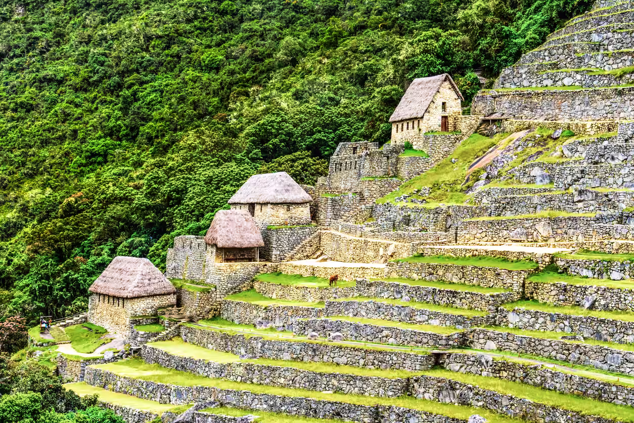 Vista panorámica de Machu Picchu entre las montañas de los Andes peruanos.