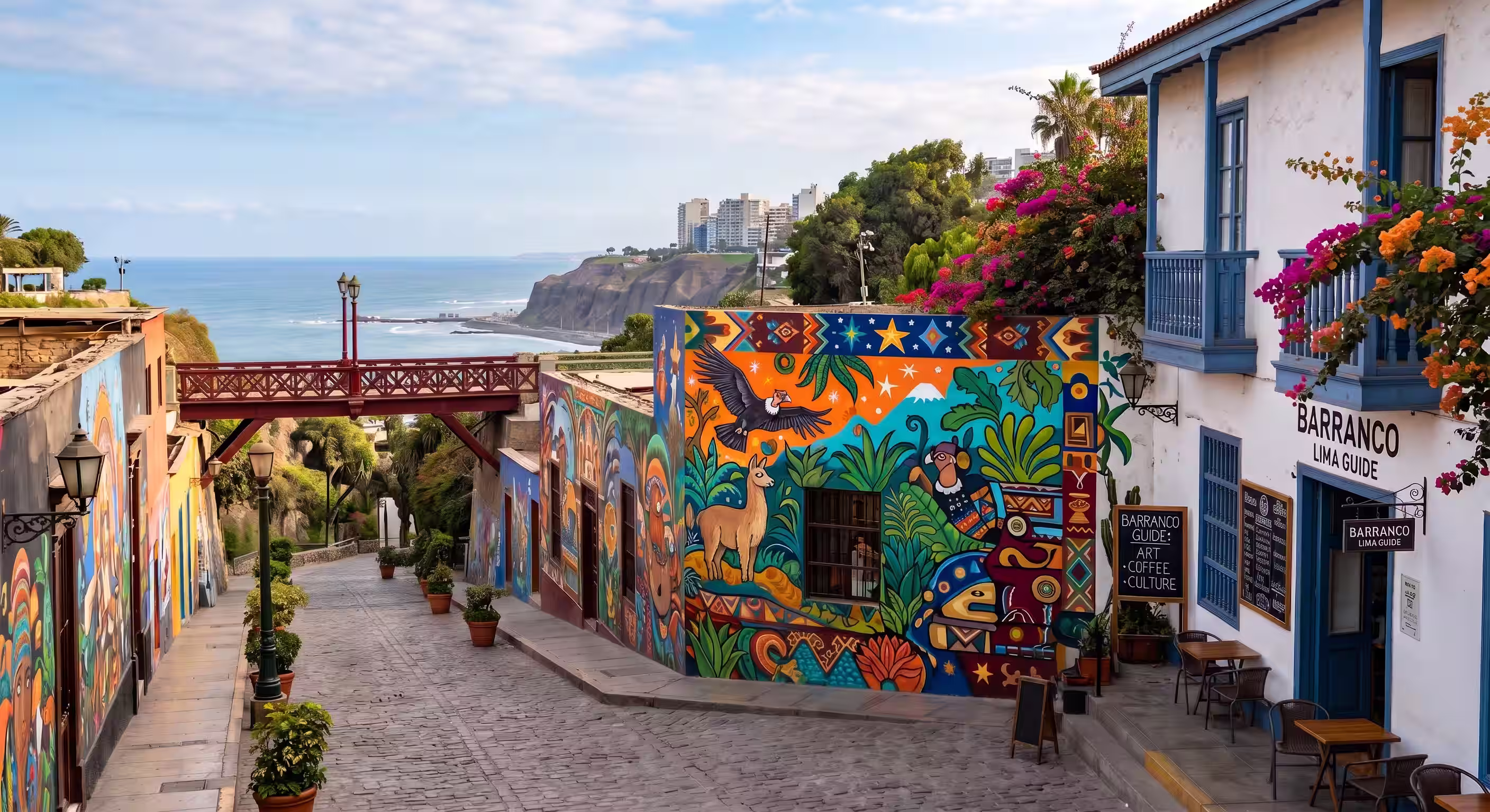 Calle tradicional del barrio de Barranco, en Lima, con arquitectura histórica y fachadas coloridas.